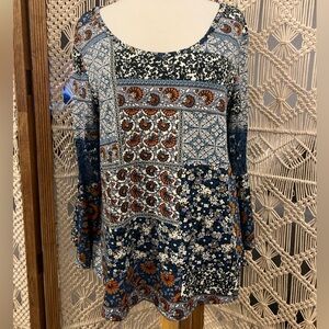 Bell Sleeve Floral Patchwork Long Sleeve Tunic Top